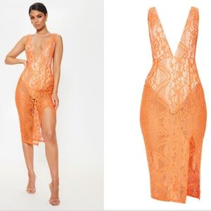 Bright Orange Lace Plunge Open Back Midi Dress